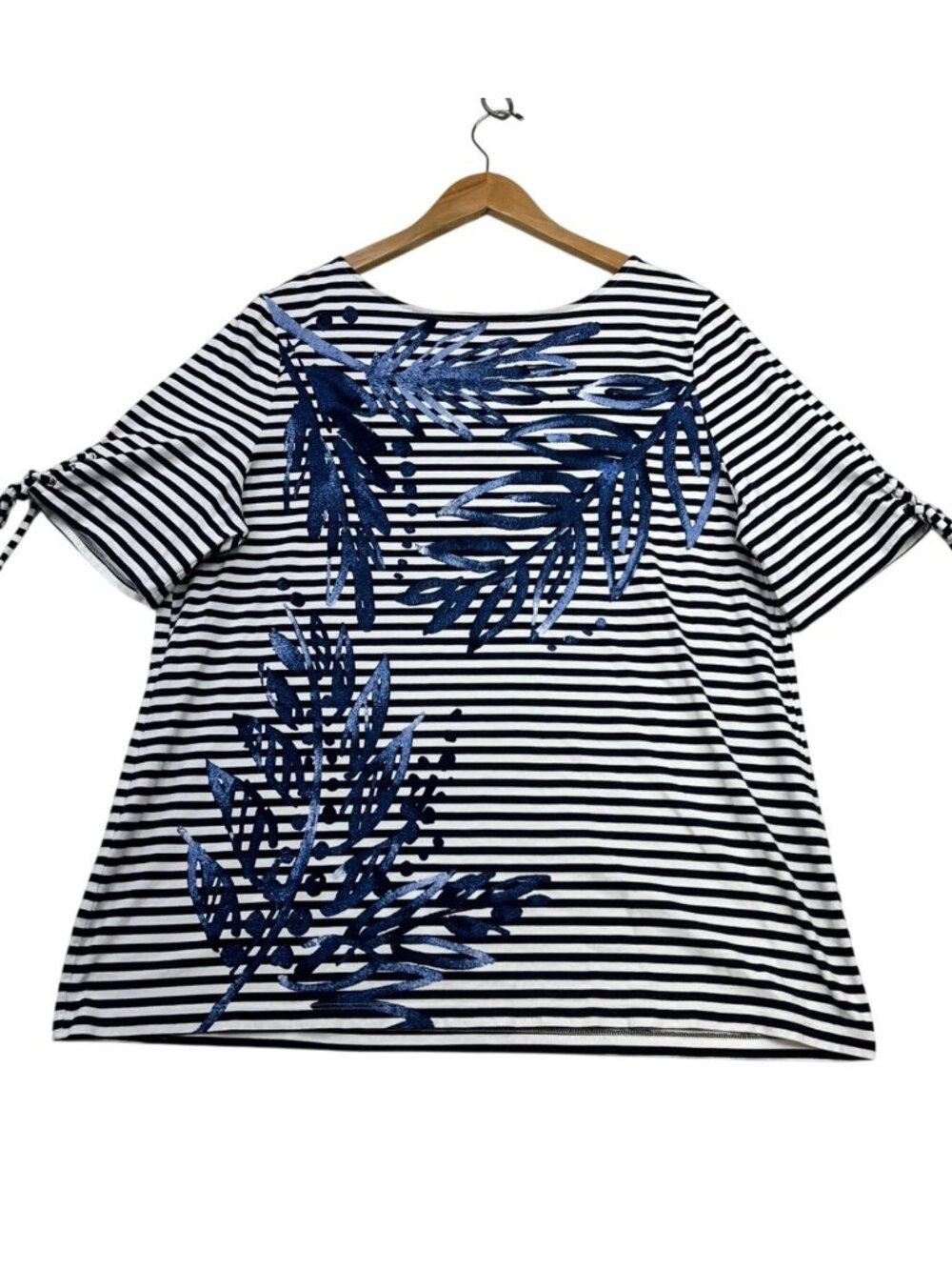 Chicos Womens Striped Leaf Print Lace Up Sleeve Crewneck Casual T-Shirt Size 3
